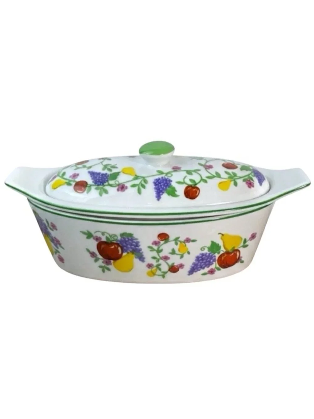 French Covered Butter Bell Dish White Multicolor Fruit 3 Piece Cook St Vintage